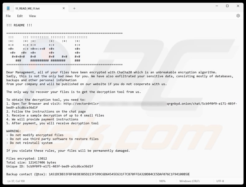 Vect ransomware text file (!!!_READ_ME_!!!.txt)