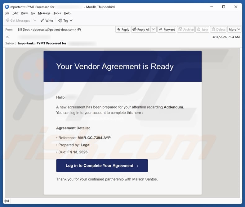 Vendor Agreement email spam campaign