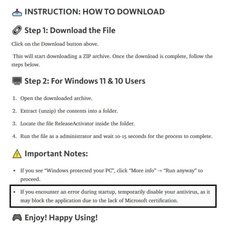 Vidar 2.0 trojan fake installation instructions (source: acronis.com)