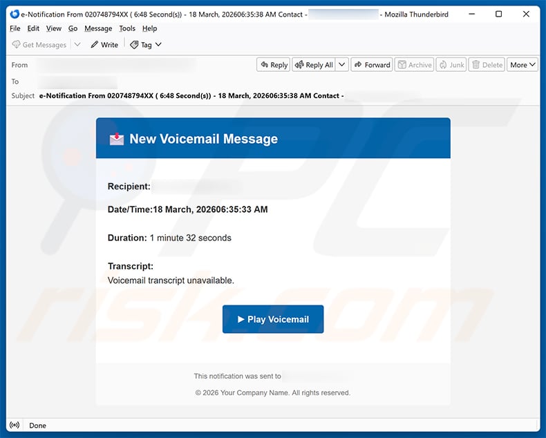 Voicemail Message Received email scam (2026-03-20)