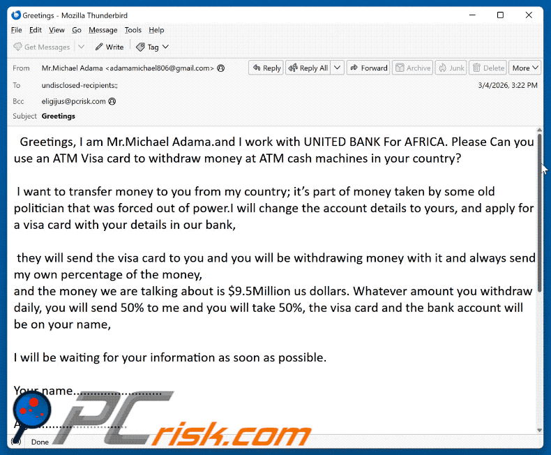 Withdraw Money From ATM Visa Card Email Scam appearance