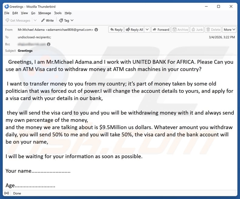 Withdraw Money From ATM Visa Card email spam campaign