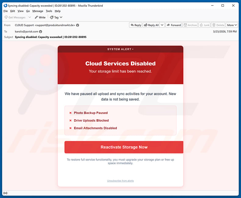 Your Cloud Is Disabled email scam (2026-03-24)