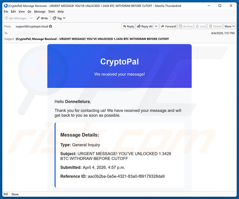 Spam email promoting Bitcoin Mining scam (2026-04-08)