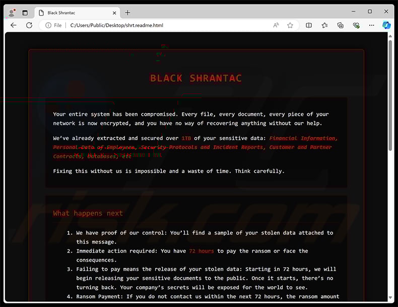 Black Shrantac ransomware note (shrt.readme.html)