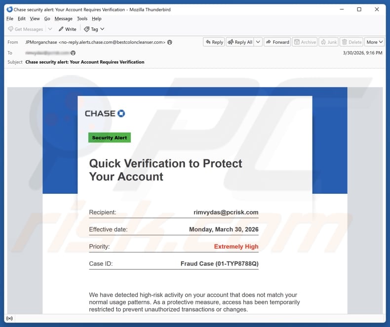 Chase -  Verification To Protect Your Account email spam campaign