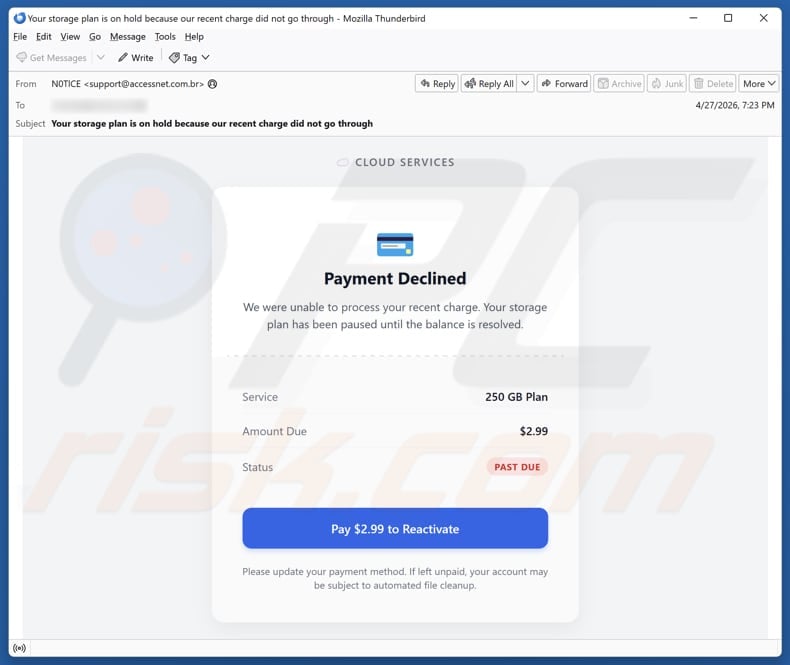 Cloud Services - Payment Declined email spam campaign