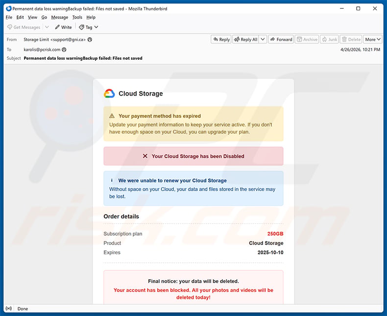 Cloud - Your Payment Method Has Expired email scam (2026-04-27)