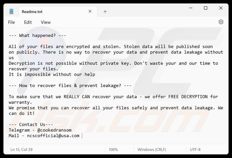 Cooked ransomware text file (Readme.txt)