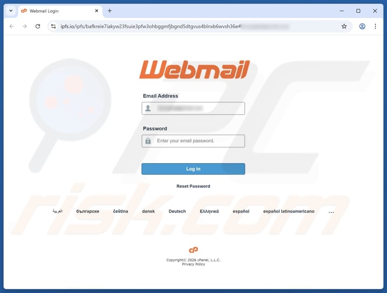 cPanel Account Expiration Email Scam fake site