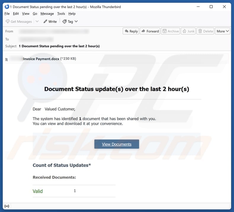 Document Status Update email spam campaign