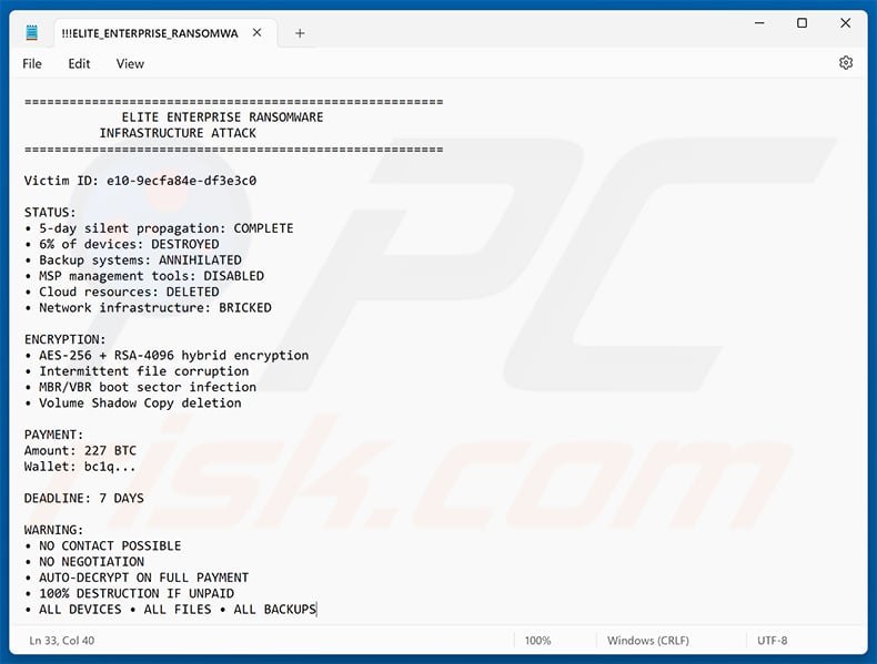 Elite Enterprise ransomware text ransom note (!!!ELITE_ENTERPRISE_RANSOMWARE!!!.txt)