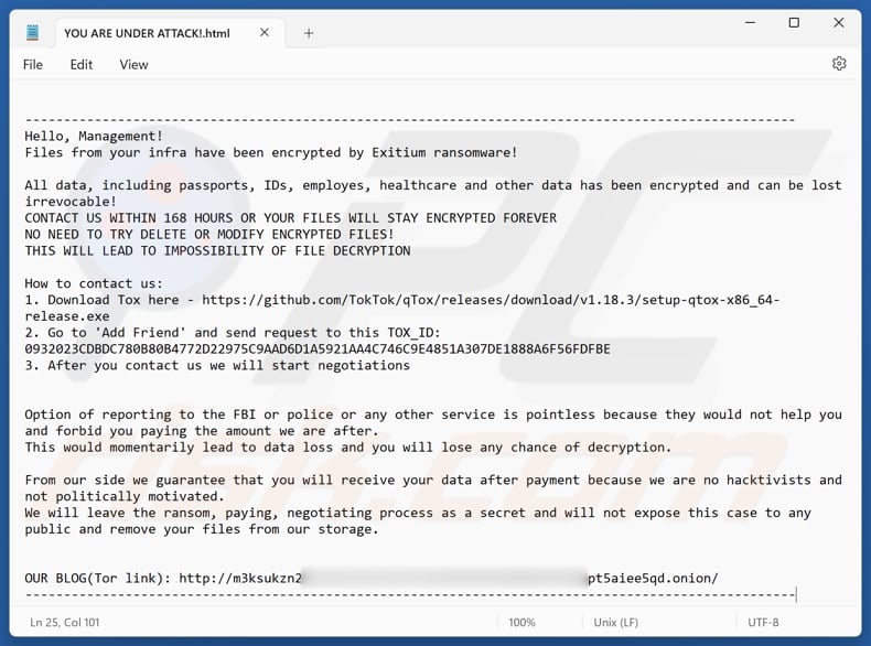 Exitium ransomware ransom note file (YOU ARE UNDER ATTACK!.html)