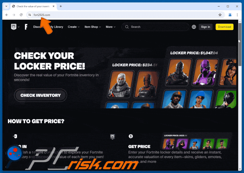 Appearance of Fortnite Inventory Price Checker scam