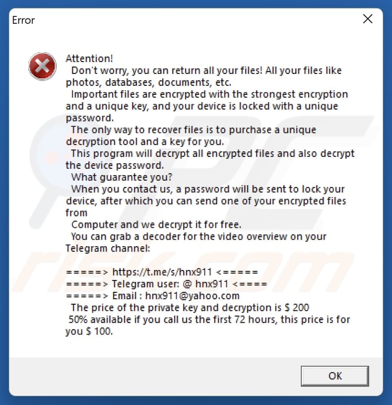 Hnx911 Ransomware error message
