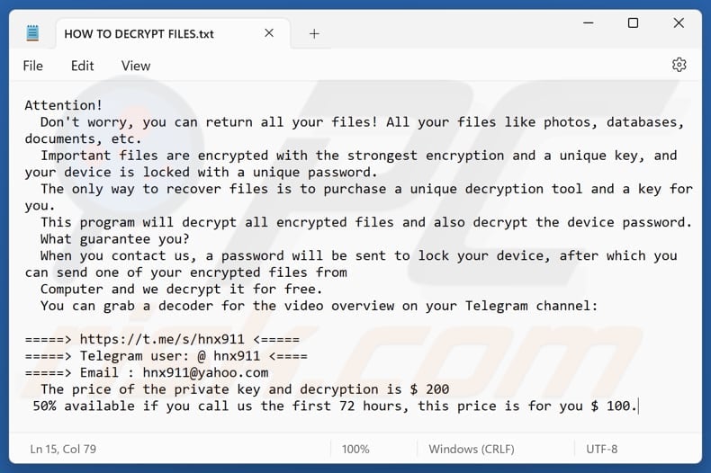 Hnx911 ransomware text file (HOW TO DECRYPT FILES.txt)