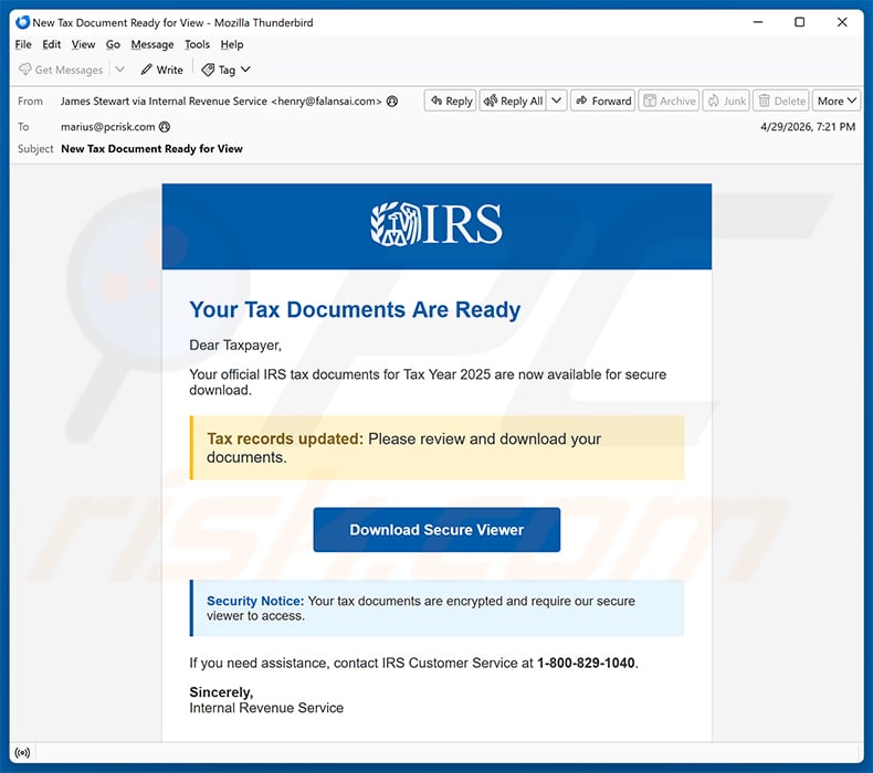 IRS Tax Documents email spam campaign