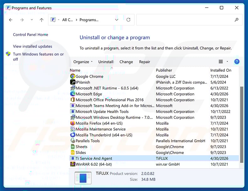 TiFlux installed as Ti Service And Agent in Windows Programs and Features