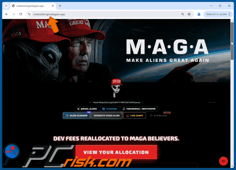 Appearance of Make Aliens Great Again ($MAGA) Allocation scam