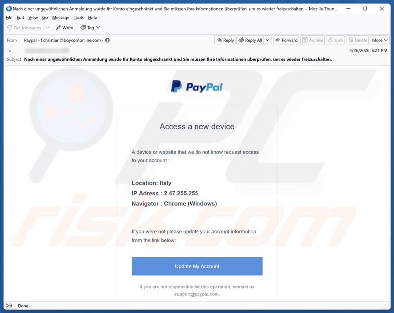 PayPal - Access From A New Device email spam campaign