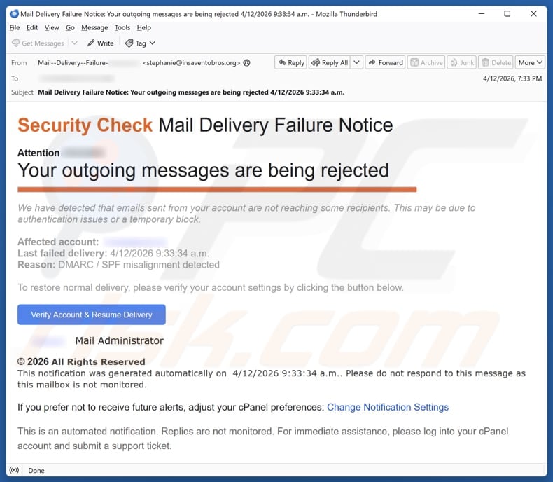 Security Check - Mail Delivery Failure Notice email spam campaign