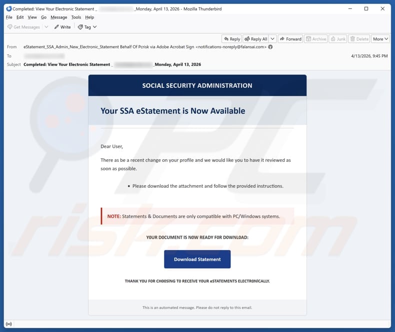 Social Security Administration (SSA) eStatement email spam campaign