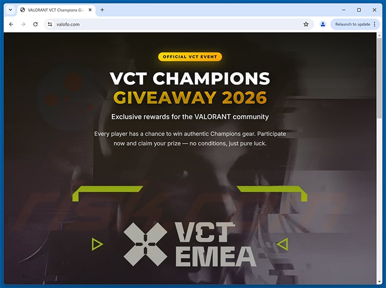 Valorant skin giveaway scam website (valofo[.]com)