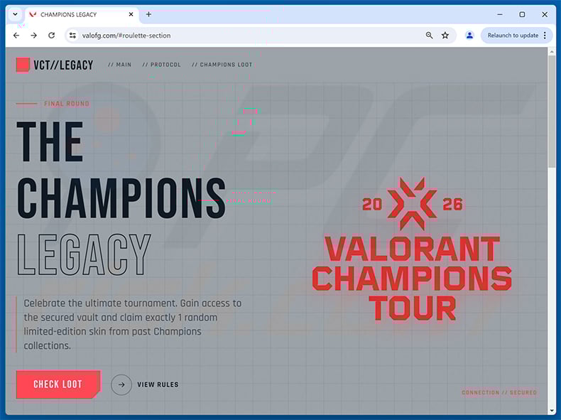 Valorant skin giveaway scam website (valofg[.]com)