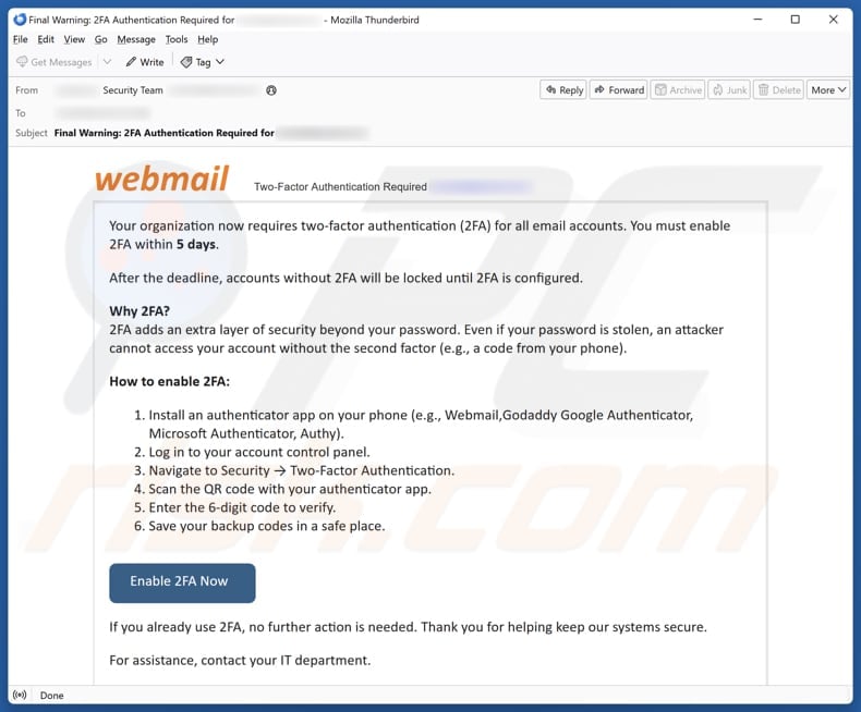 Webmail - Two-Factor Authentication (2FA) email spam campaign