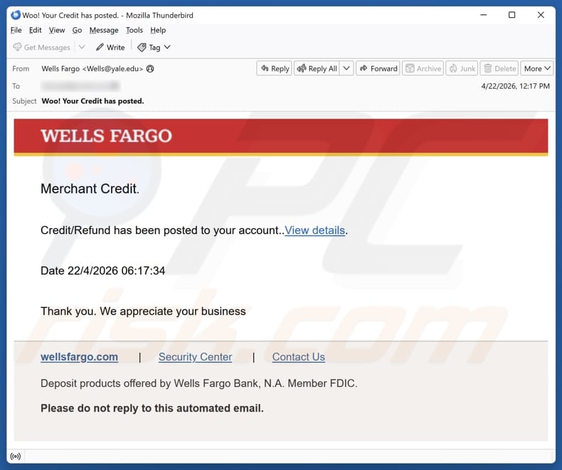 Wells Fargo Credit/Refund email spam campaign