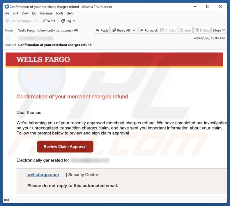 Wells Fargo - Merchant Charges Refund email spam campaign