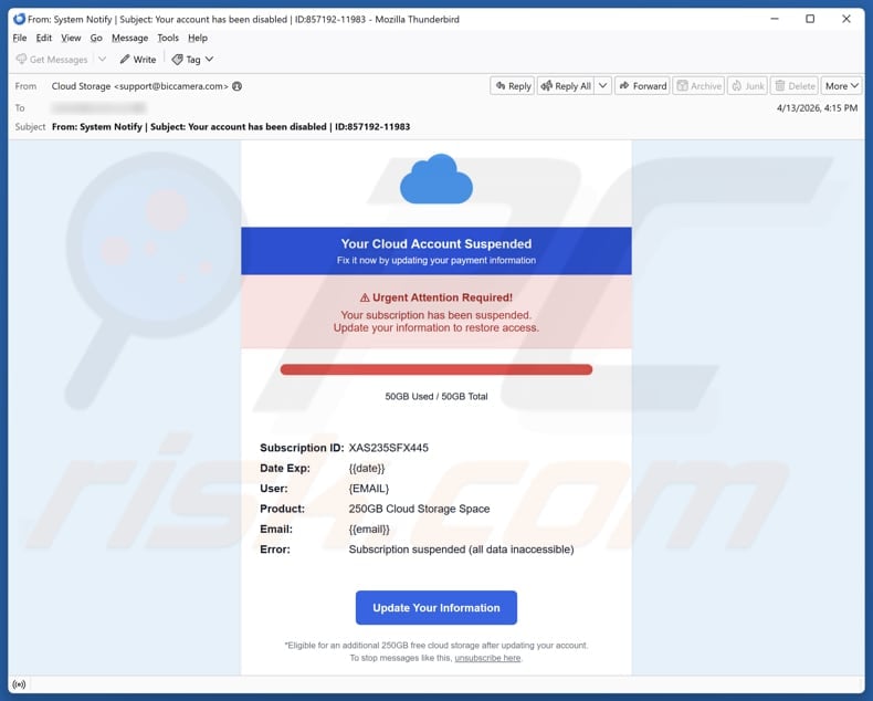 Your Cloud Account Suspended email spam campaign
