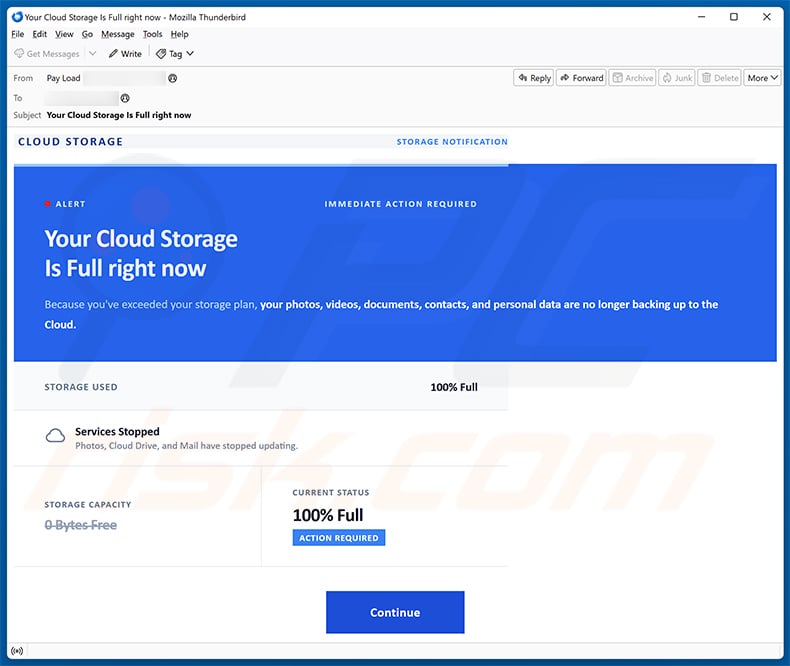 Your Cloud Storage Is Full email scam (2026-04-14)