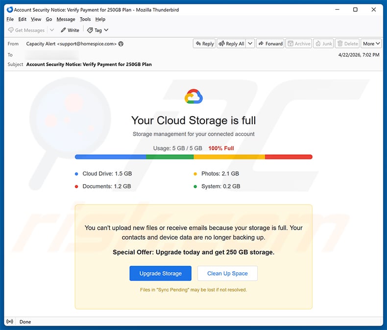 Your Cloud Storage Is Full email scam (2026-04-23)