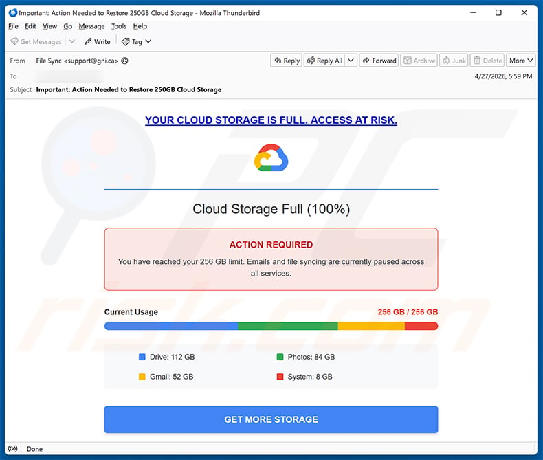 Your Cloud Storage Is Full email scam (2026-04-29)