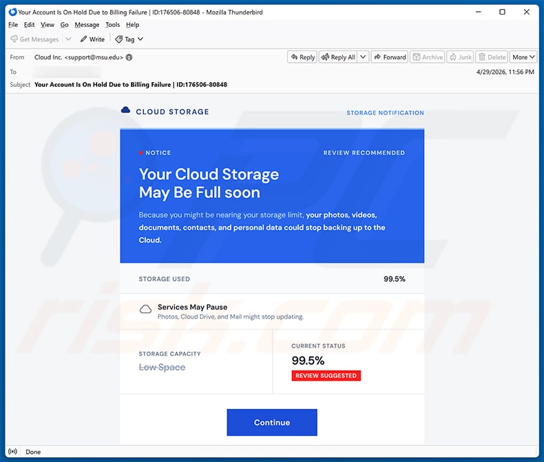 Your Cloud Storage Is Full email scam (2026-04-30)