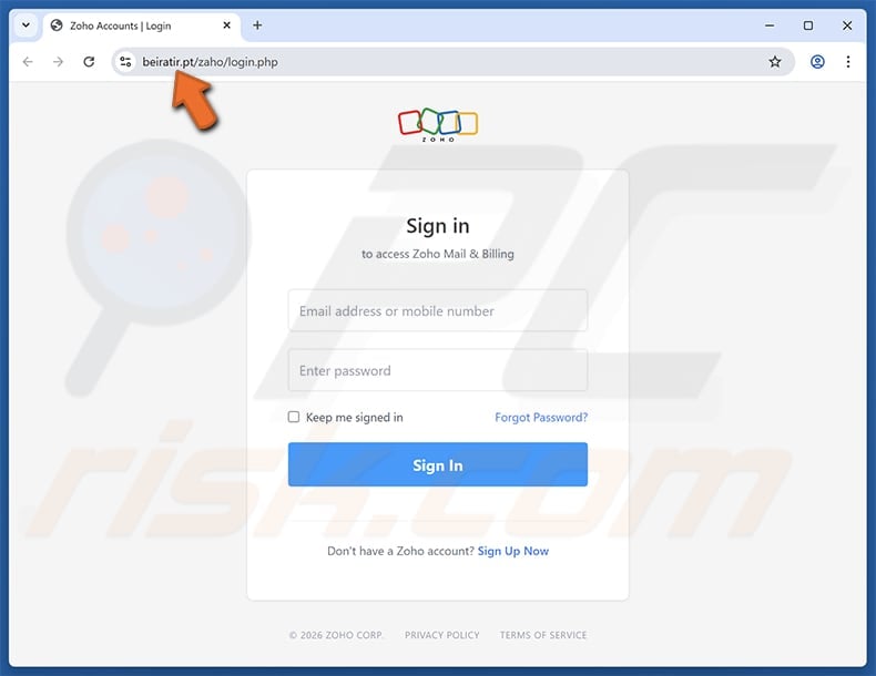 Zoho - Account Security Verification Email Scam fake website
