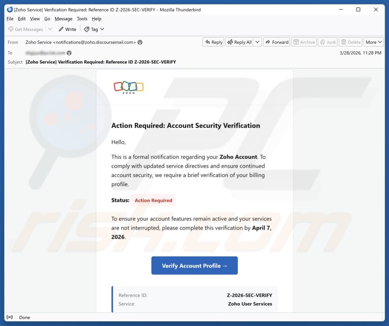 Zoho - Account Security Verification email spam campaign