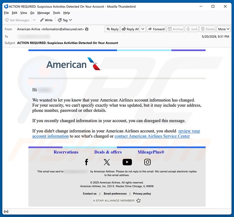 American Airlines Account Information Has Changed email spam campaign