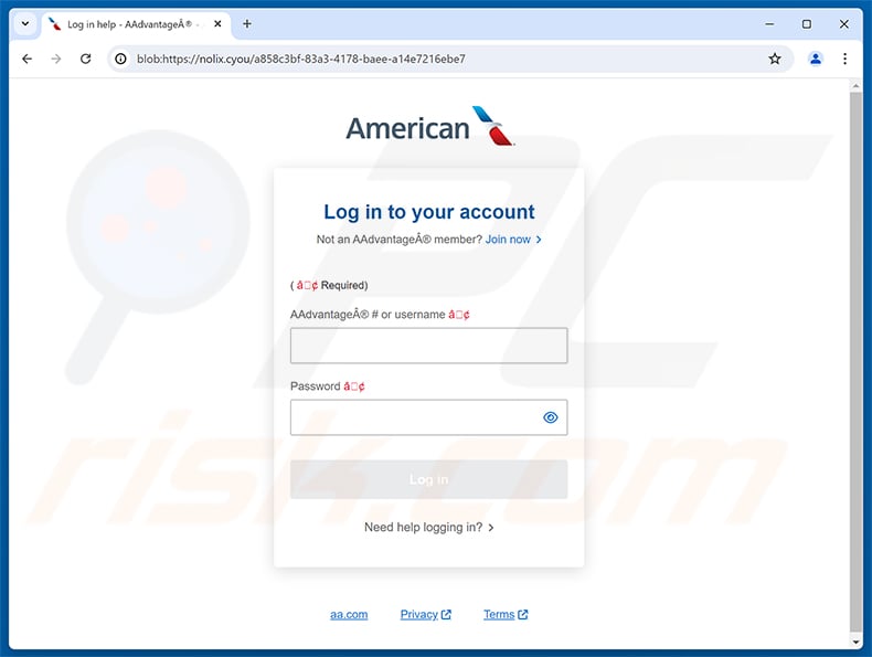 American Airlines Account Information Has Changed phishing page