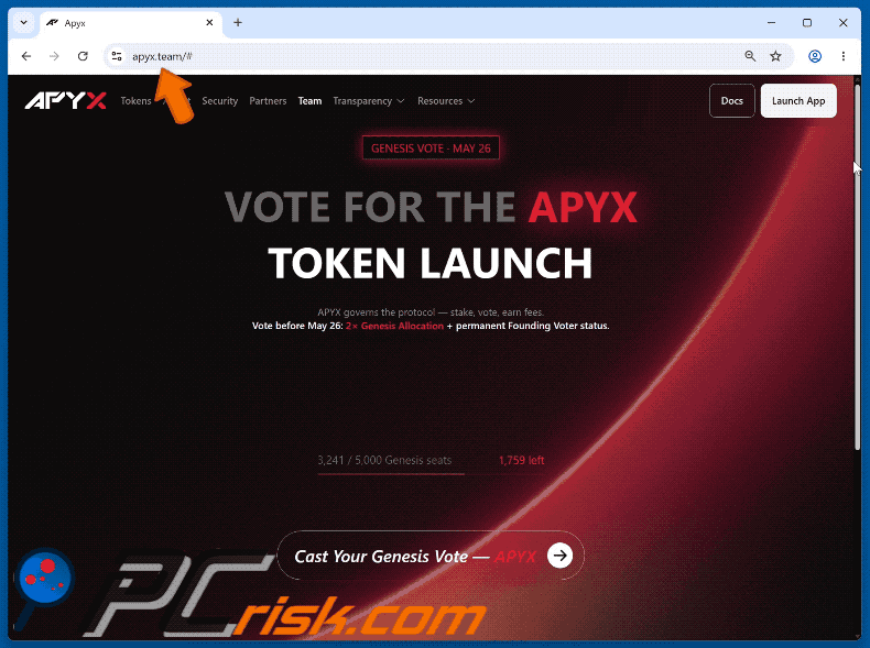 Appearance of Apyx Token Launch Voting Reward Scam (GIF)