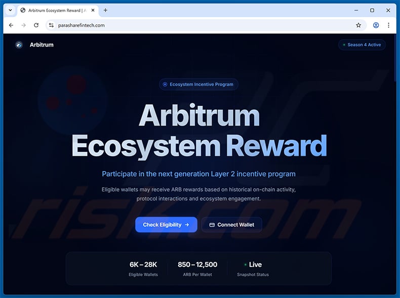 Arbitrum ($ARB) Rewards Distribution drainer website (parasharefintech[.]com)