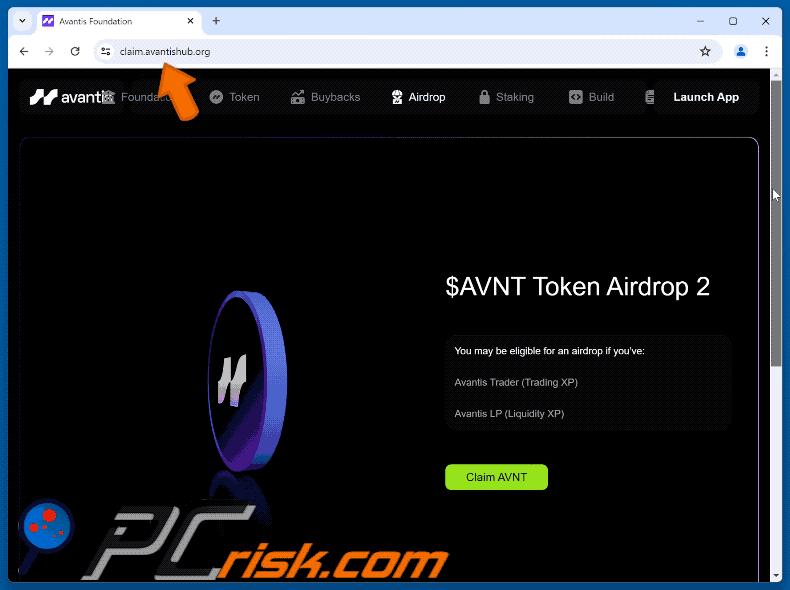 Appearance of Avantis ($AVNT) Airdrop scam (GIF)