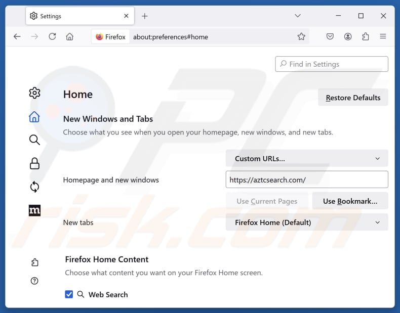 Removing aztcsearch.com from Mozilla Firefox homepage