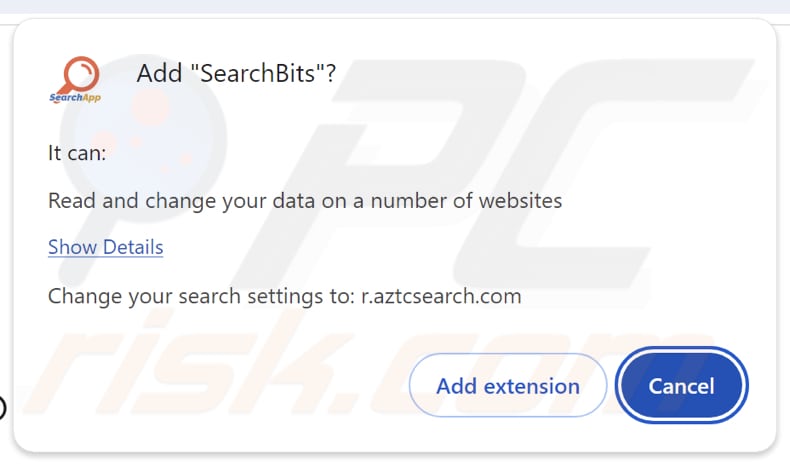 SearchBits browser hijacker asking for permissions