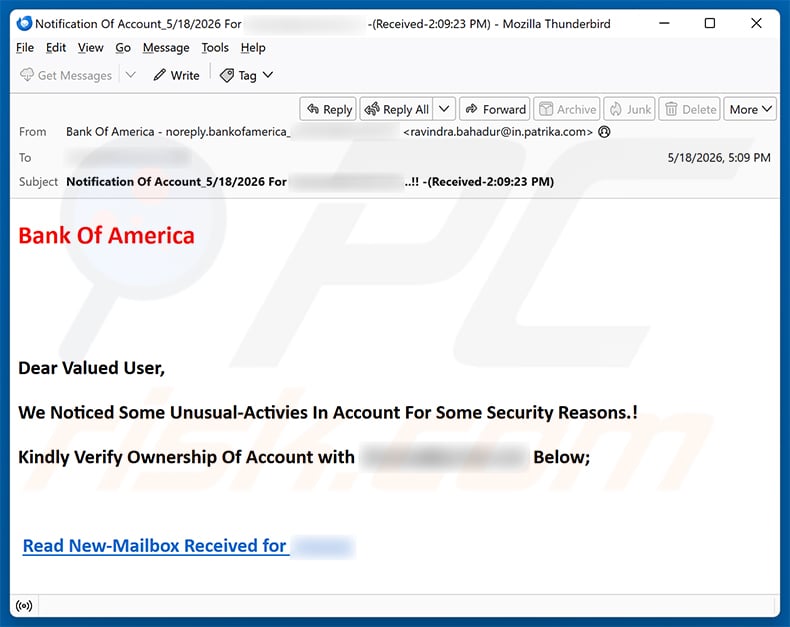 Bank Of America - Unusual Activities In Account email spam campaign
