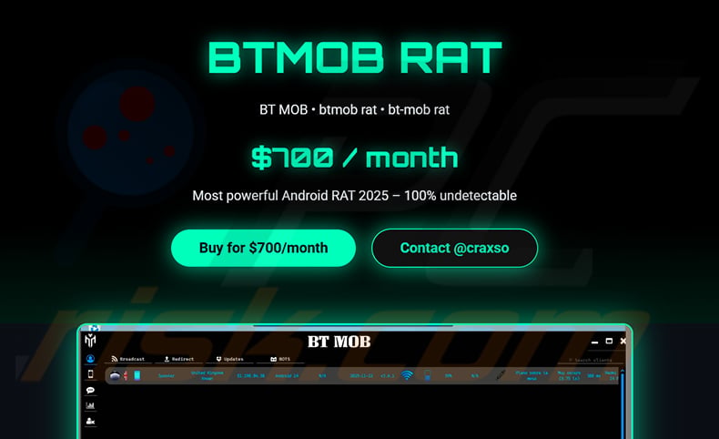 BTMOB RAT malware-as-a-service promotional page