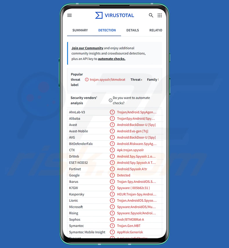 BTMOB RAT malware detections on VirusTotal