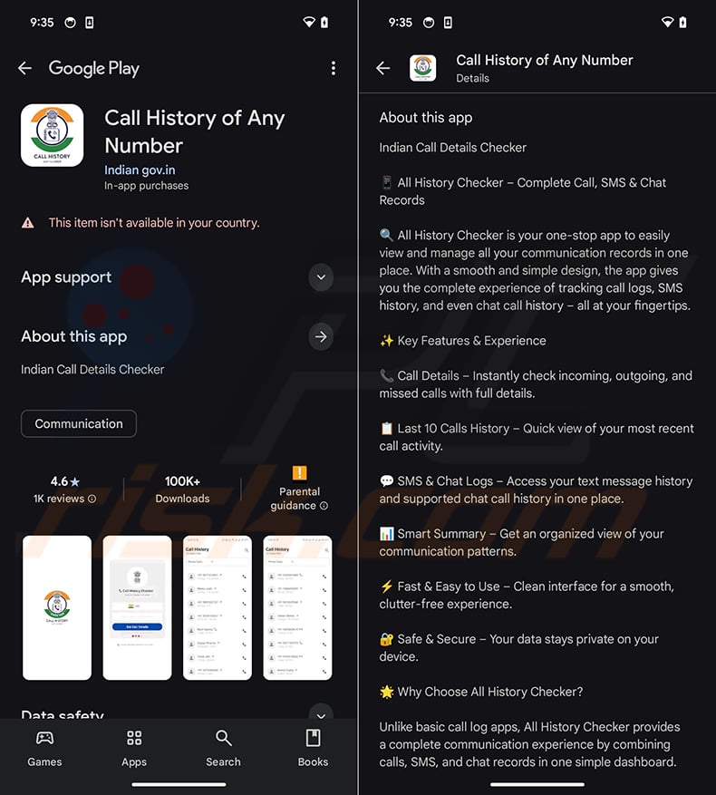CallPhantom scam app with fake government branding on Google Play
