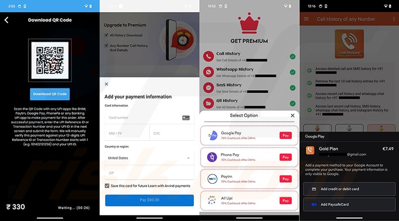CallPhantom scam payment screens